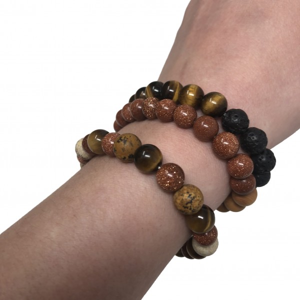 Goldstone Mix Bracelet- Picture Jasper, Tigers Eye, Custom Stretch Cord Bracelet