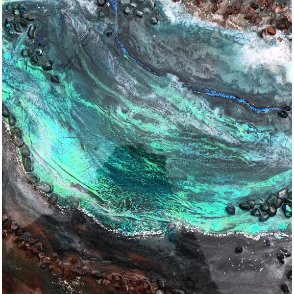 Holographic Rustic Teal Crystal Geode Painting for Abundant Energy 